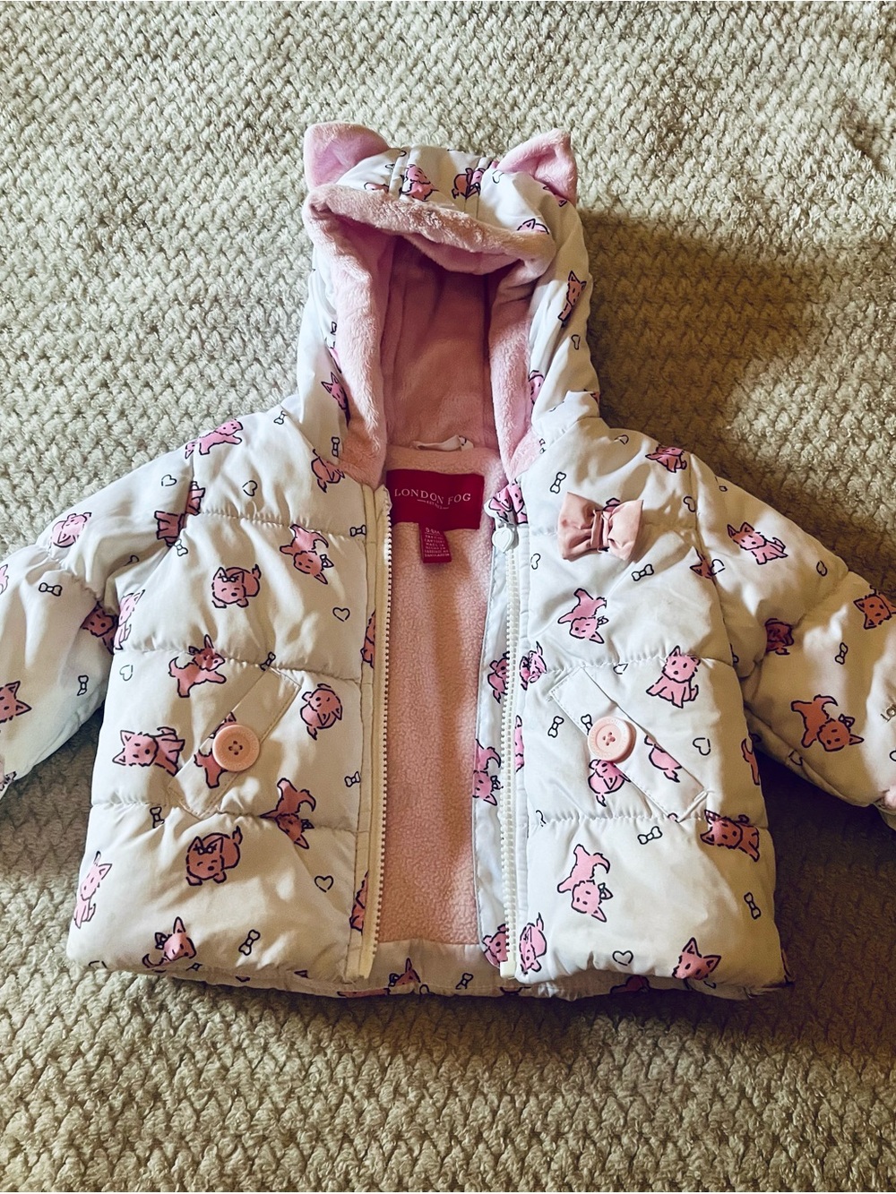 London Fog Cream Puffer Jacket with Pink Puppy Print for Kids 0-6months